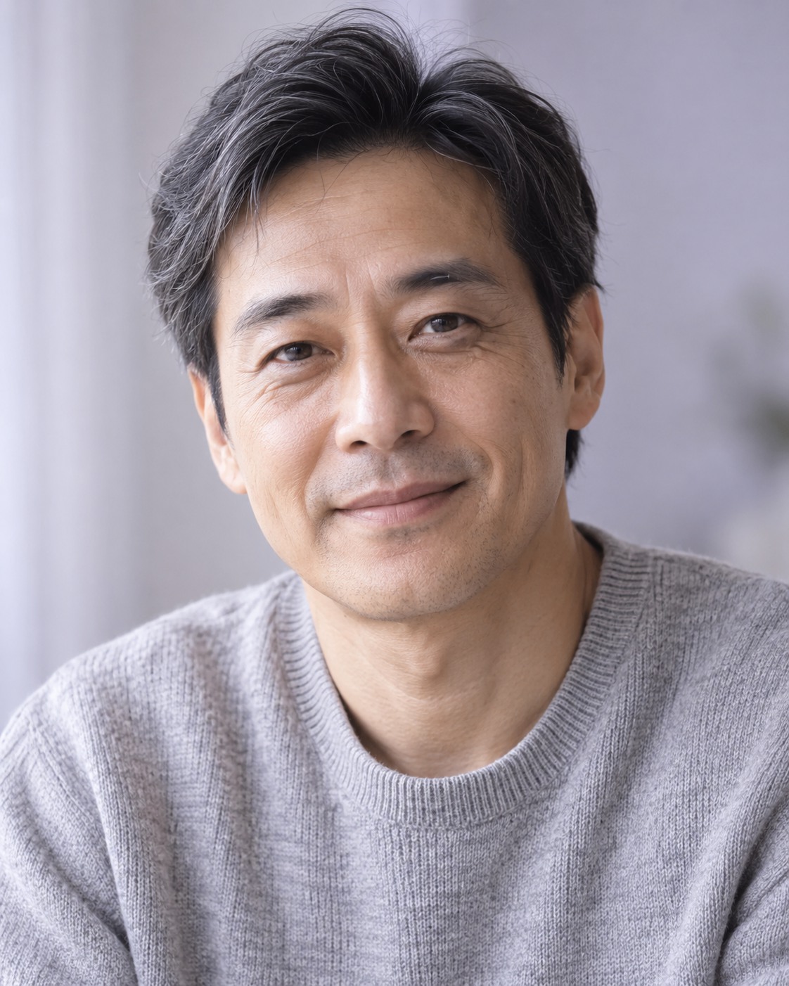 自在微笑的虛構成人男性,情境示意